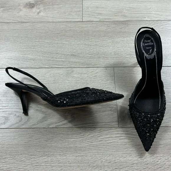 Rene Caovilla Black Sequin Pointed Toe Low Heels - Picture 2 of 13